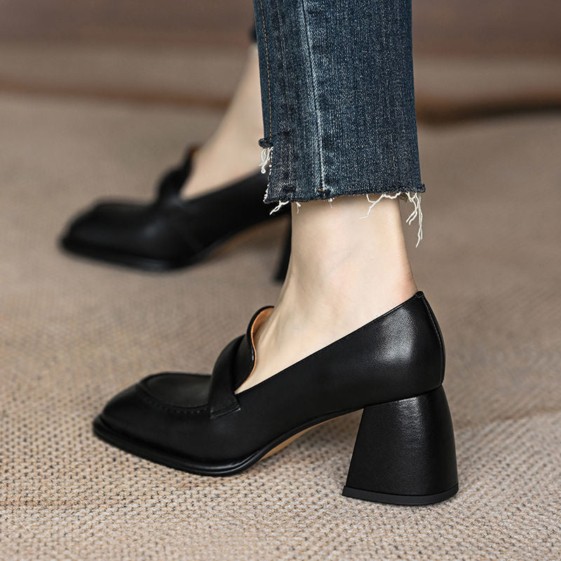 Women's Brown High Genuine Soft Chunky Pumps Heels