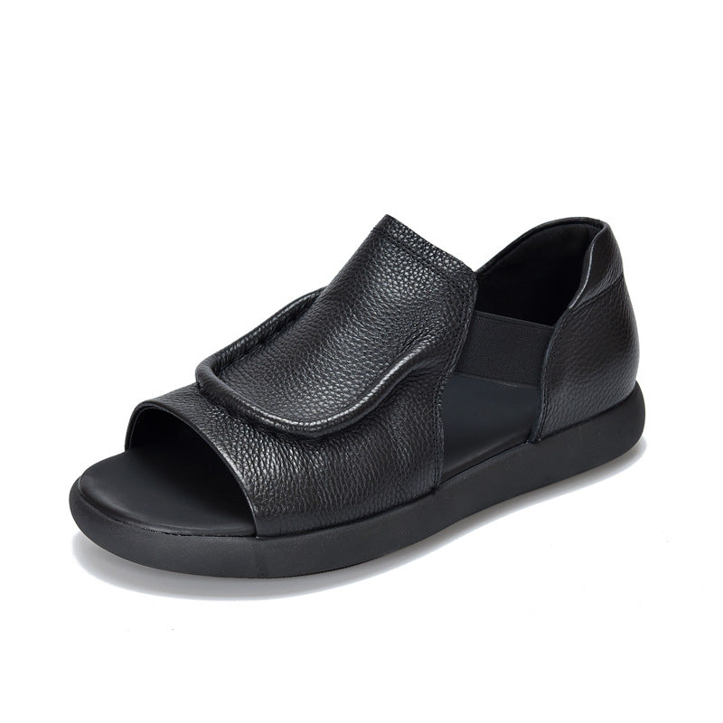 Women's Simple Genuine Summer Cowhide Hollow Open Toe Roman Style Elastic Flat Sandals