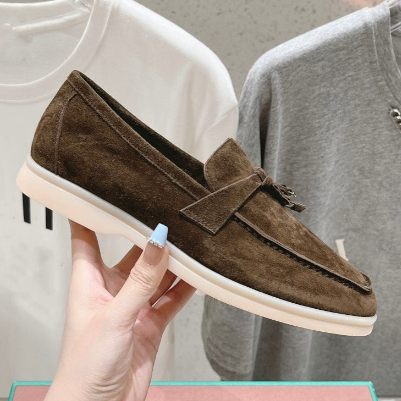British Slip-on Lazy Pumps Deerskin Round Head Tassel Hardware Women's Casual Shoes
