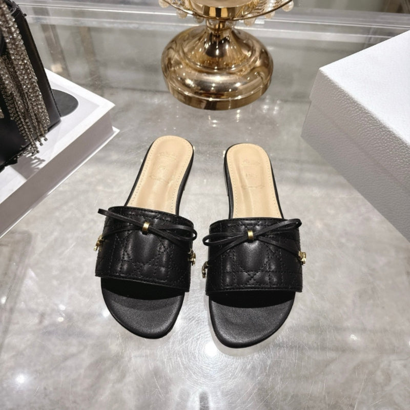 Quality Summer Electric Embroidery Rattan Plaid Bow Open Toe Flat Slippers