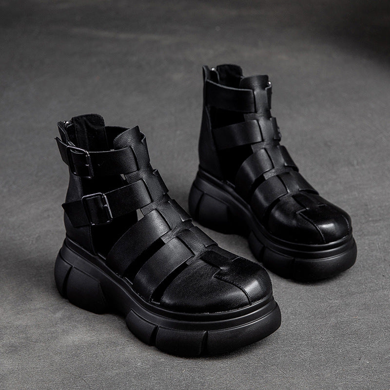 Velcro Round Toe Cowhide Martin Roman Boots