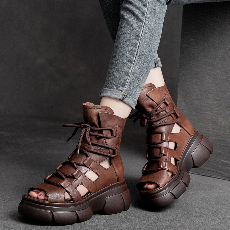Shu Chun Thick-soled Round Toe Open Brushed Retro Style Platform Sandals
