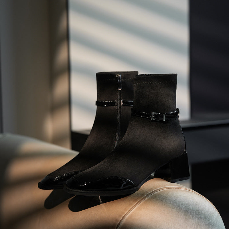 Women's Cashmere Stitching Square Toe Booties Chunky High Skinny Joker Women's Leather Boots