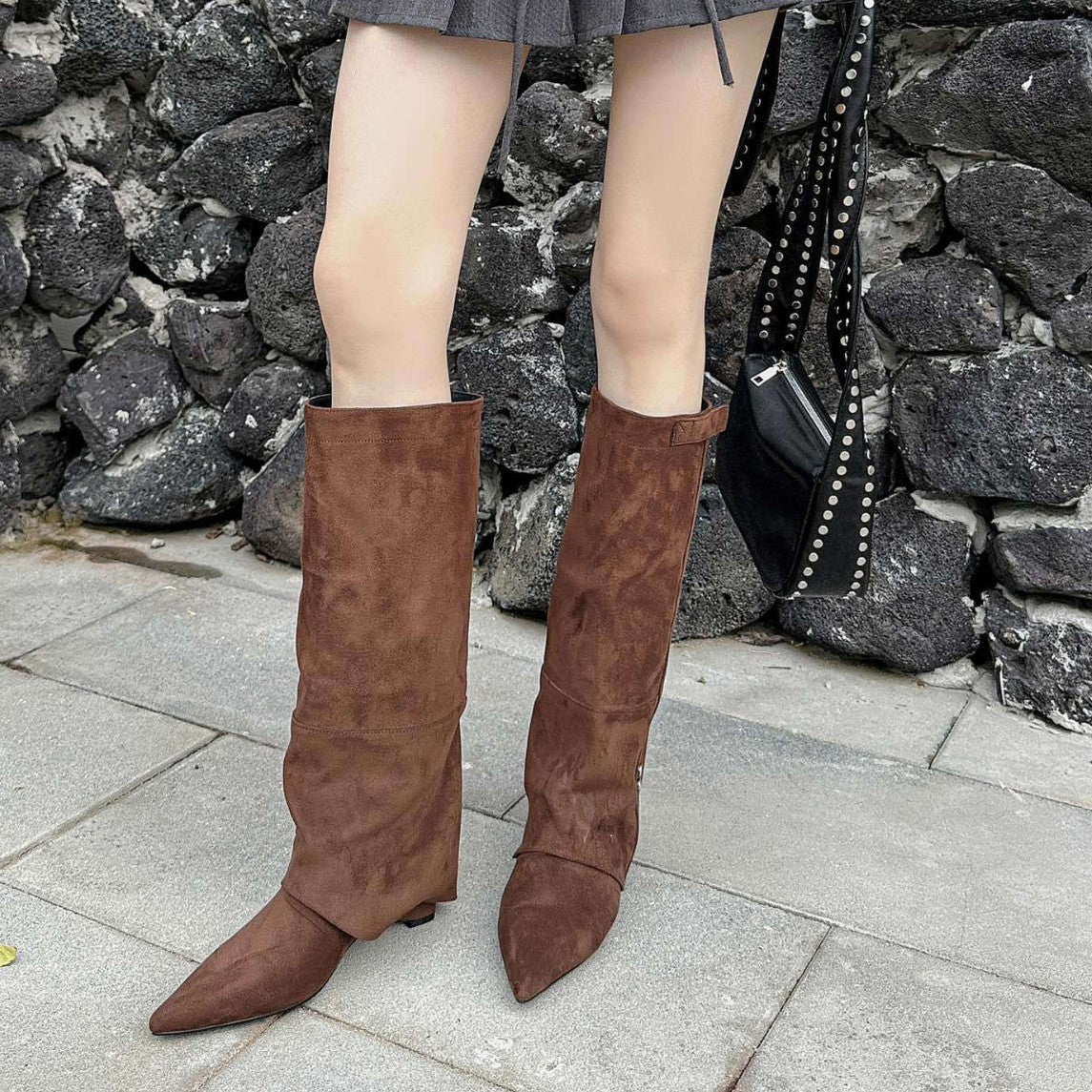 Pointed Toe Suede Long Pants Slim Women's Leather Boots