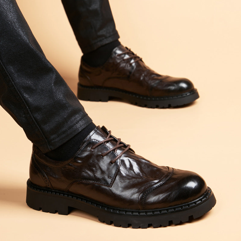 Men's Platform Business Formal Wear Round Toe Leather Shoes