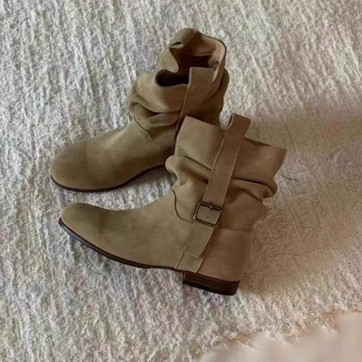 Women's Version Korean Style Ruffle Pile Round Toe Flat Bottom Western Women's Leather Boots
