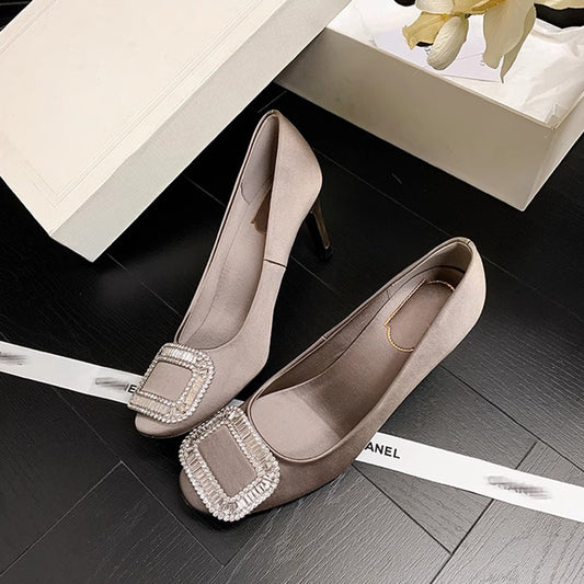 Women's Toe High Satin Wedding Square Buckle Women's Shoes