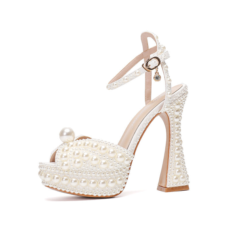 Women's Toe High Thick Cm Rhinestone Pearl Thin Women's Fashion Shoes