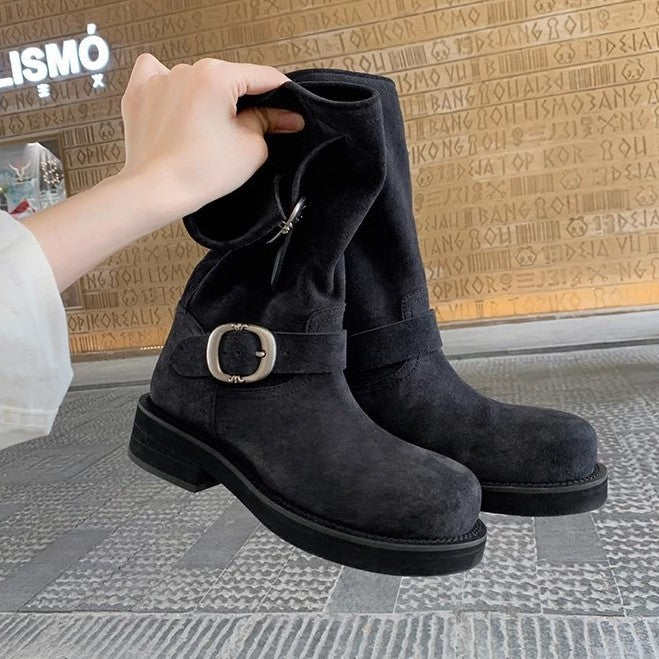 Soft Glutinous Thick Bottom Motorcycle Buckle Boots