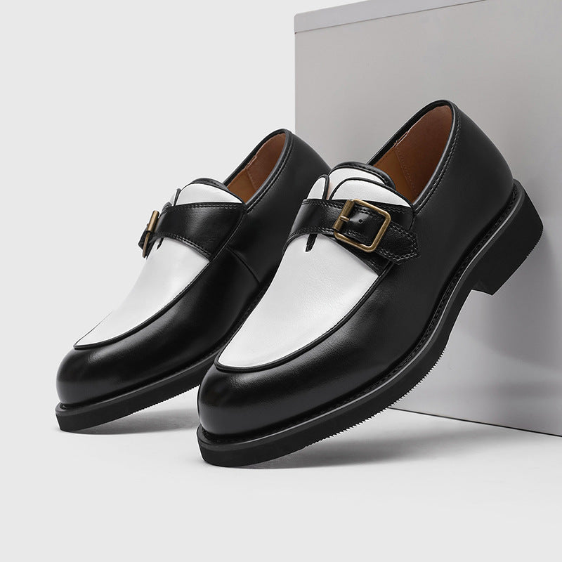 Men's Black White Color Matching Green Slip-on Men's Casual Leather Shoes