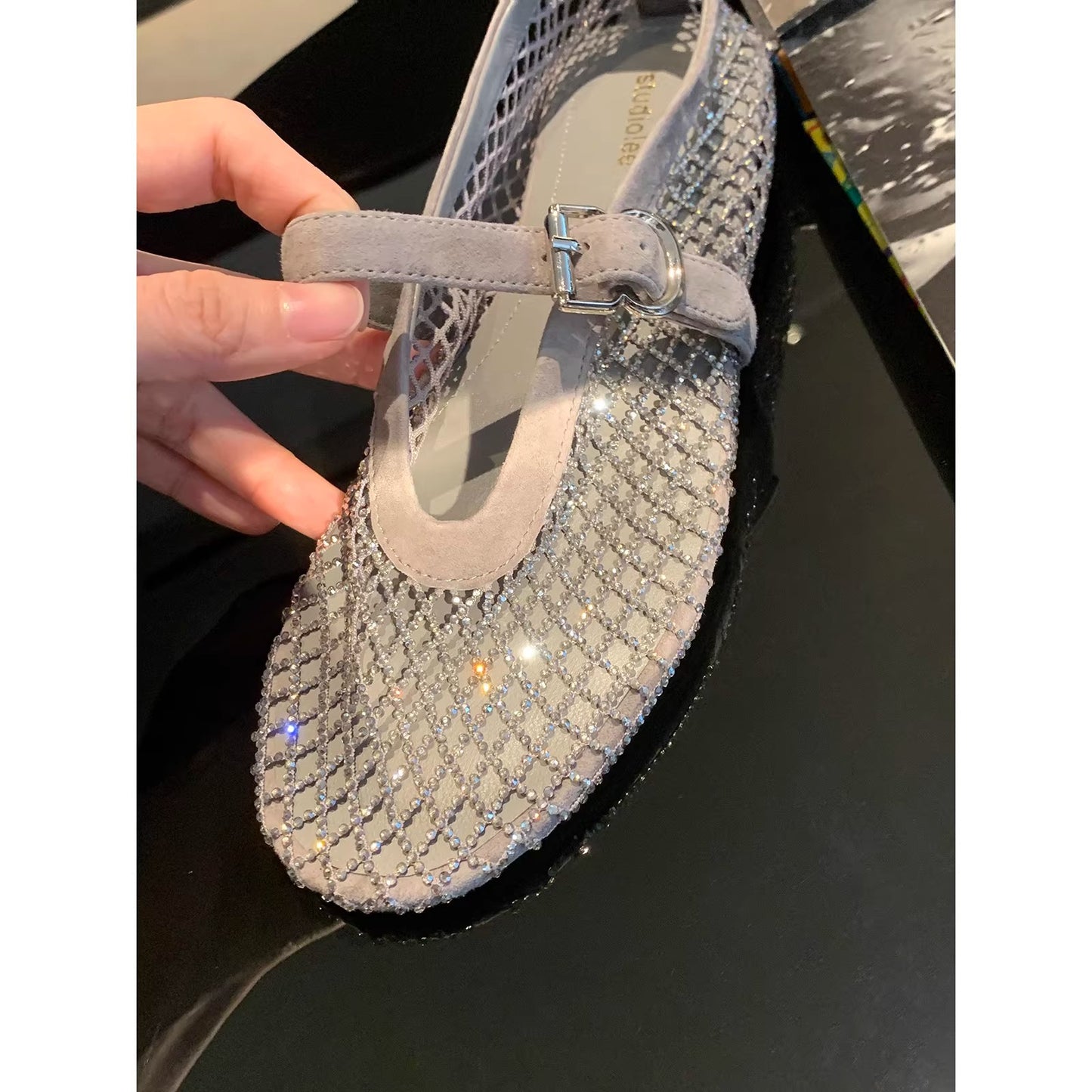 Women's Grape Mom Rhinestone Fishnet Pumps One-word Belt Mary Women's Fashion Shoes