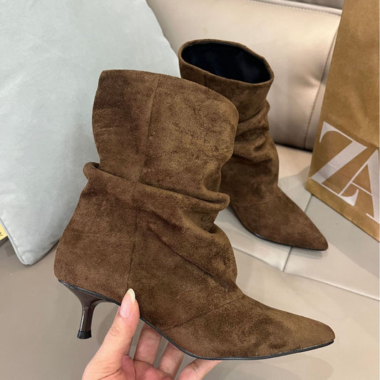 Women's Pointed Toe Pleated Ankle Cow Suede Pile Style Middle Women's Leather Boots