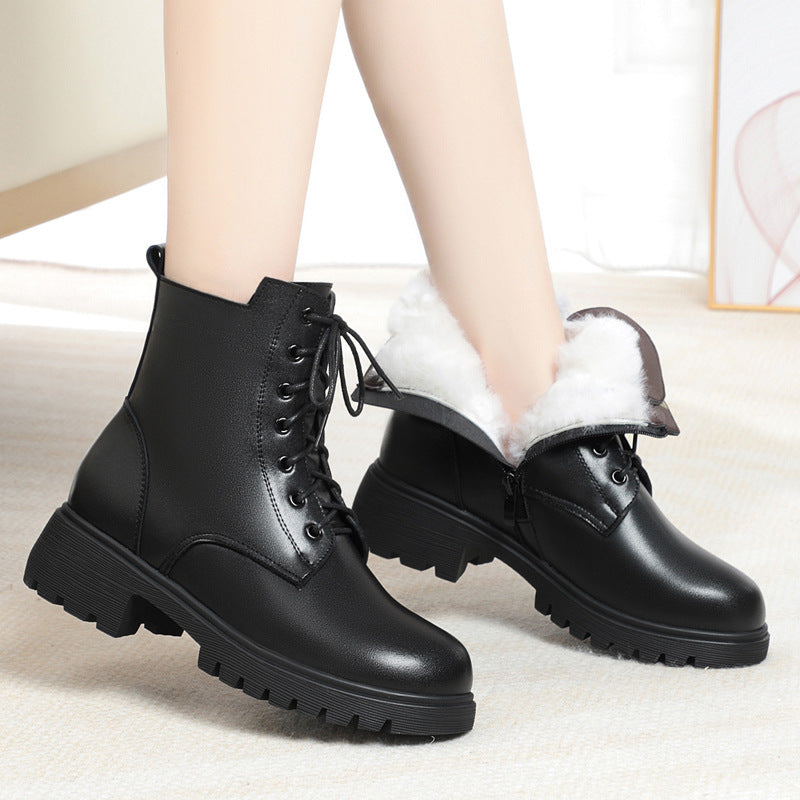 Women's With Fleece Lining Short Thick Bottom Martin Women's Leather Boots