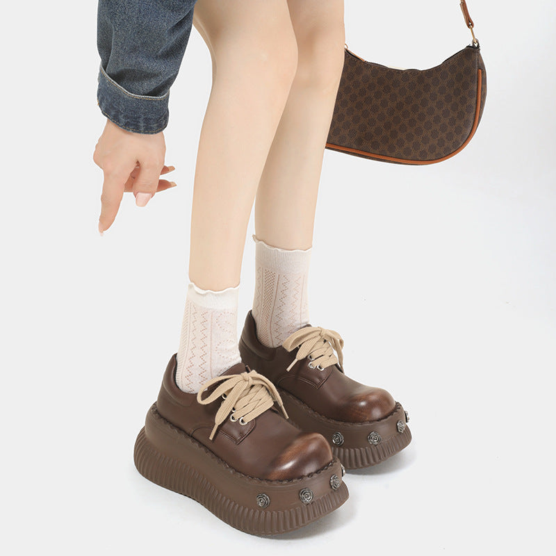 Women's British Style Platform Autumn Black Round Women's Fashion Shoes