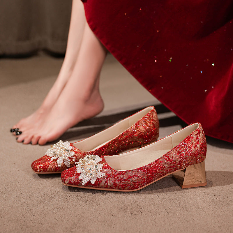 Women's Red Wedding Chunky Chinese Style Toast Dress Women's Casual Shoes