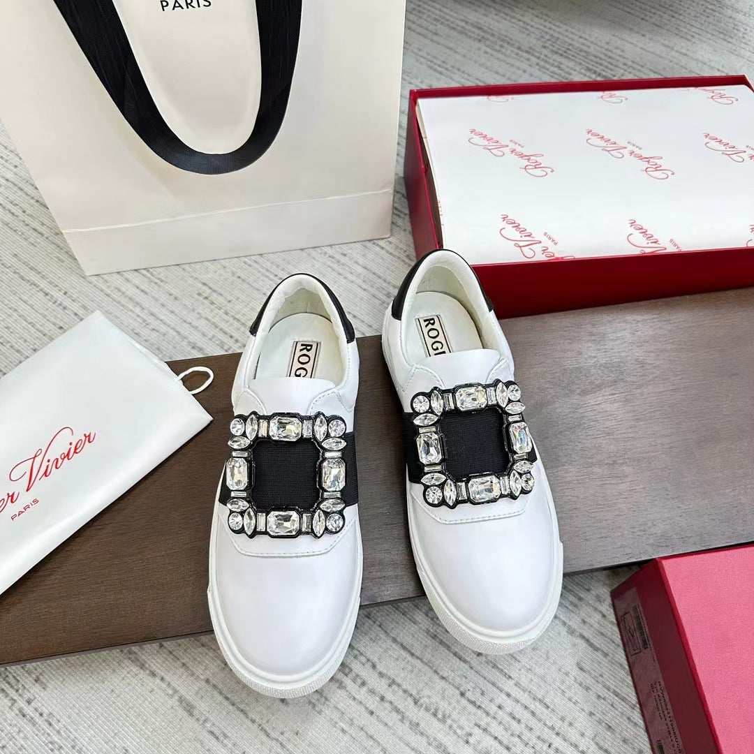 Women's Rhinestone Square Buckle Soft Flat Cloud Casual Shoes