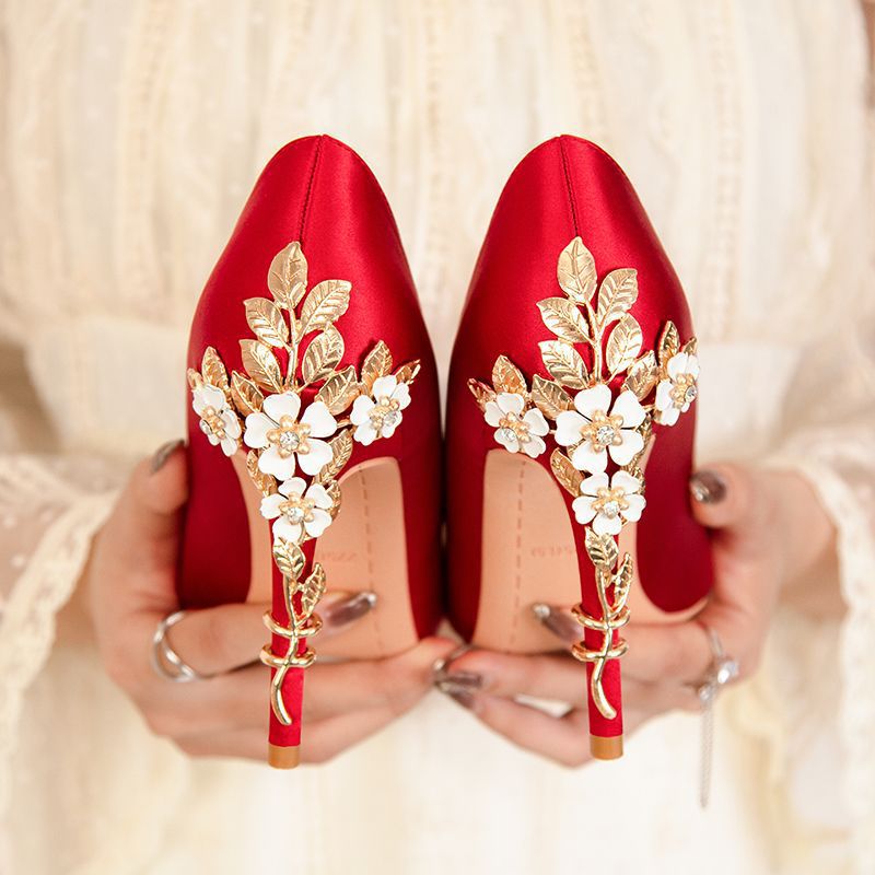 Entry Lux French Pointed Stiletto Satin High Sexy Flowers Design Heels