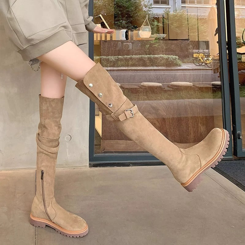 Retro Brown Two-way Wear Knee-high Cow Suede High Boots