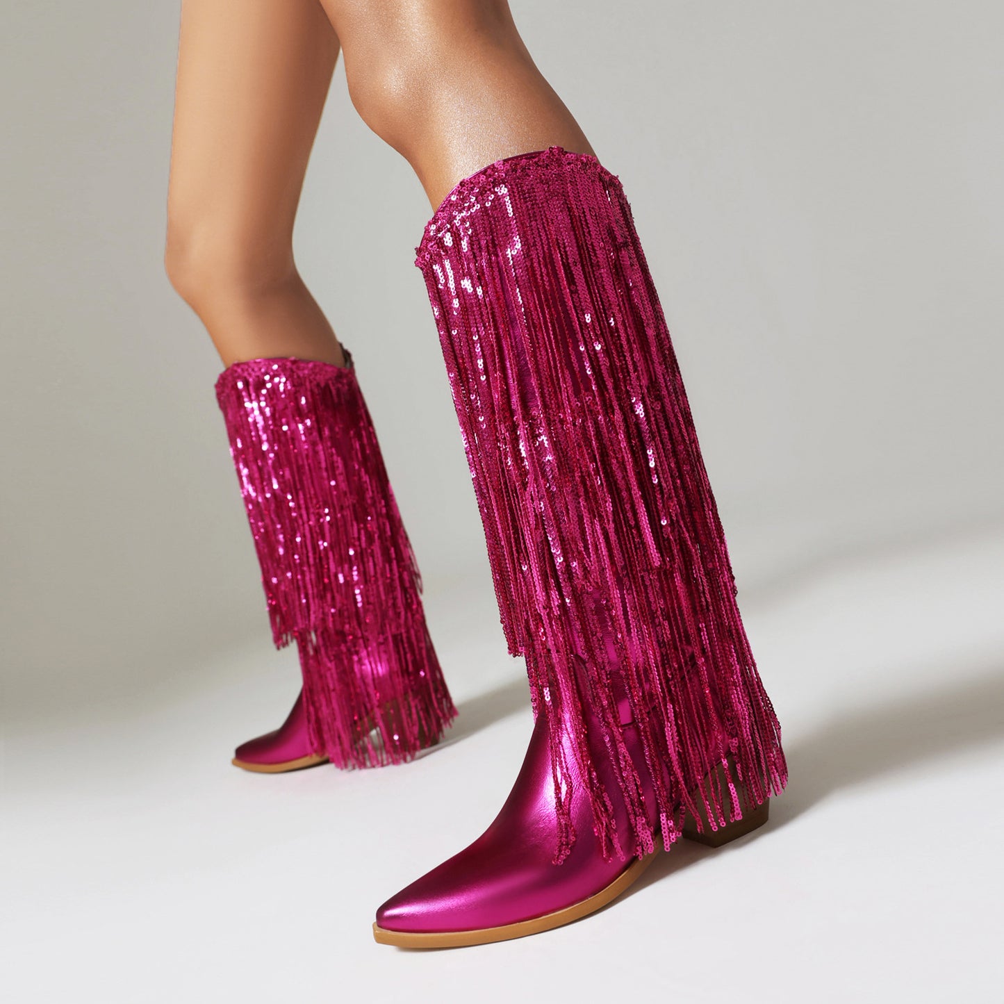 Women's Size Sequined Tassel Pointed Thick High Women's Leather Boots