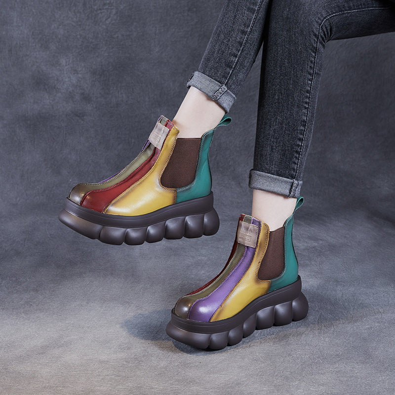 Women's Platform Wedge Rainbow Round Toe Top Layer Boots