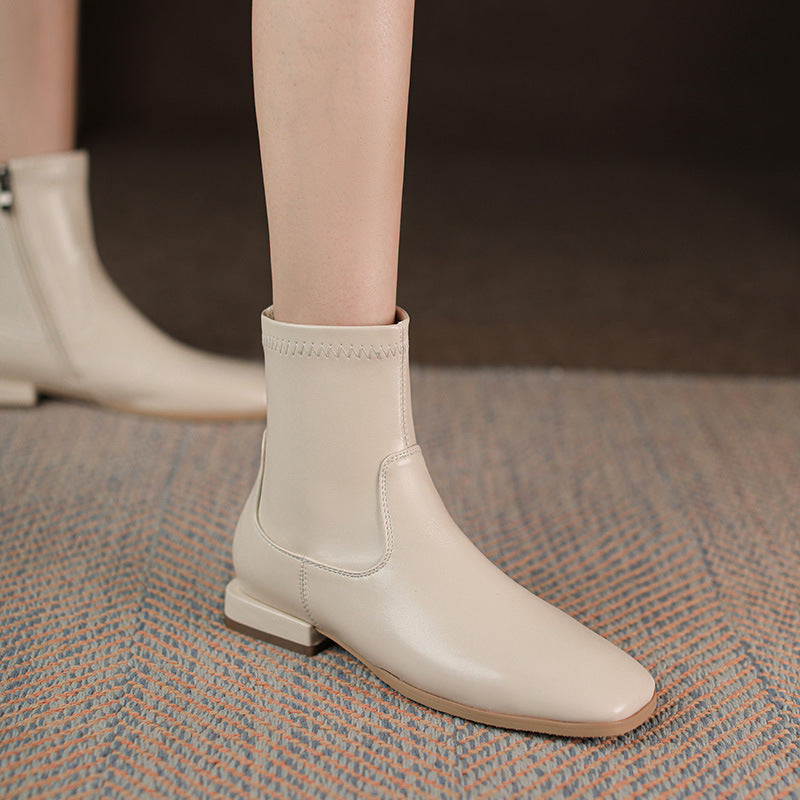 Women's Small Beige Flat Ankle Simple Stretch Women's Leather Boots
