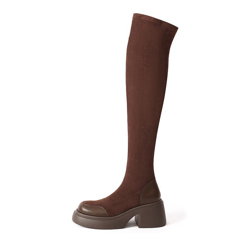 Women's Small Thick Bottom Round Head Over The Knee Korean Style Women's Leather Boots