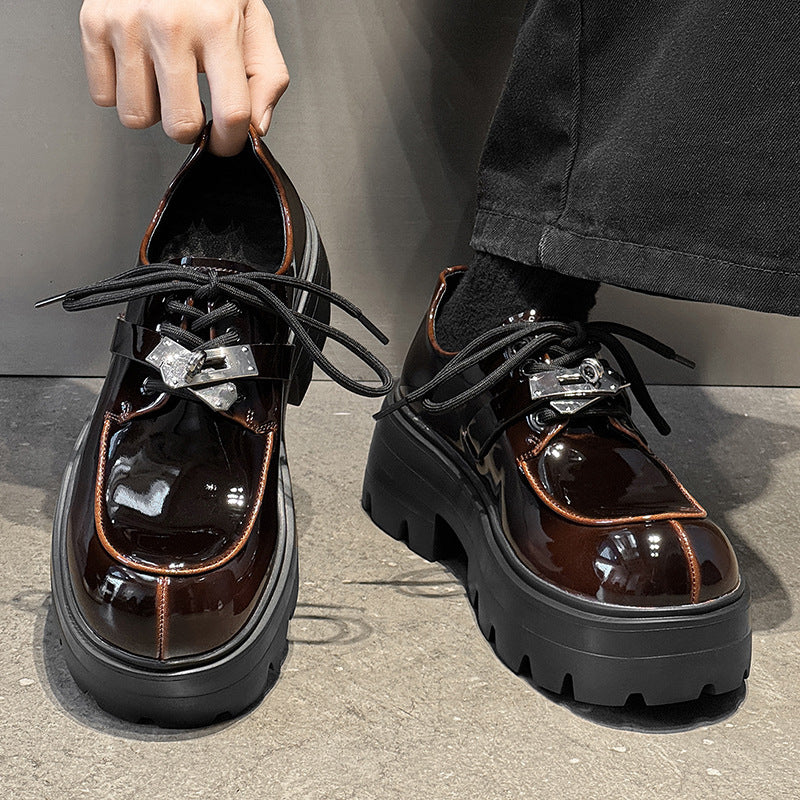Men's Thick Bottom Height Increasing Small Derby Glossy Big Head Men's Casual Leather Shoes