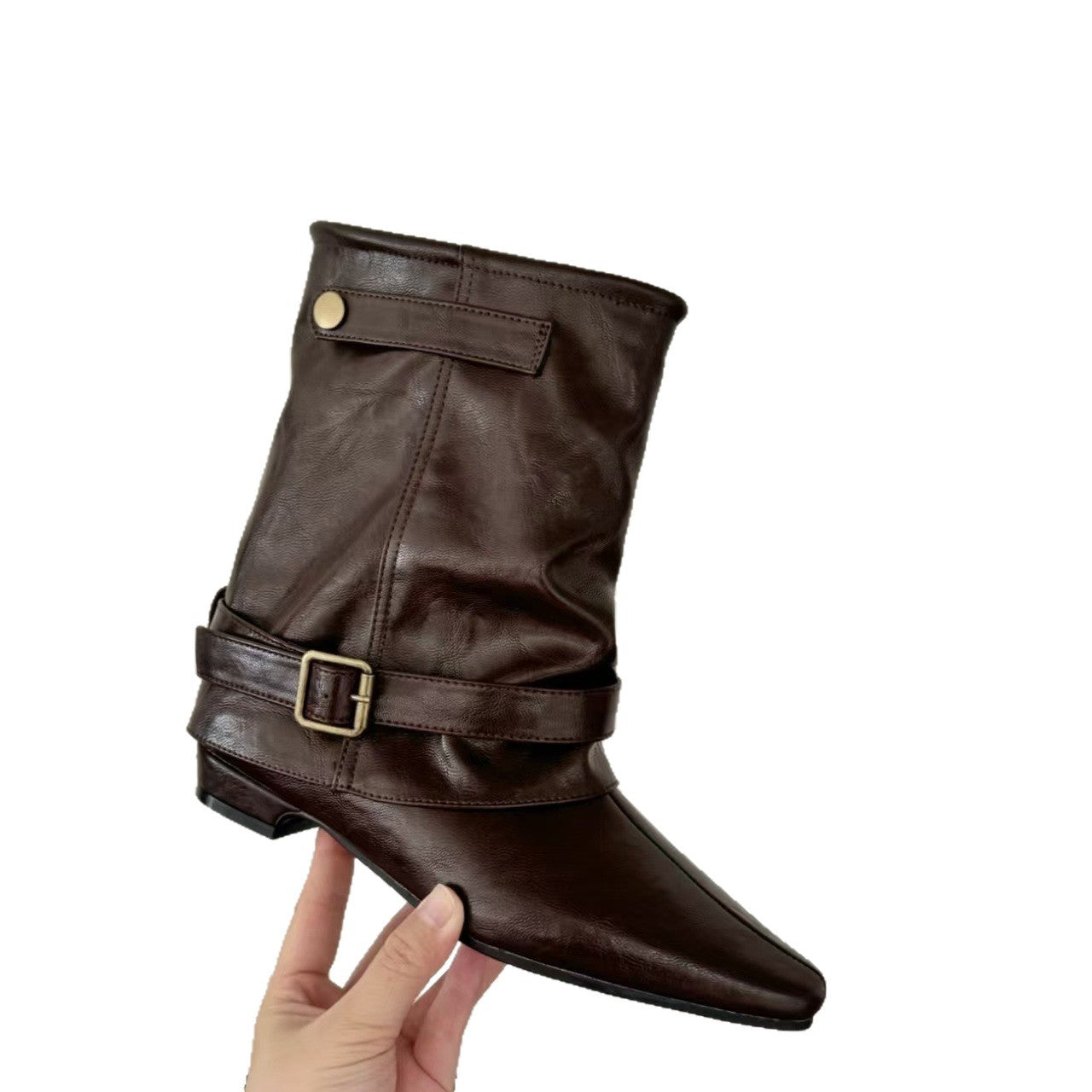 Women's Western Style Flat Booties Pile Belt Buckle Boots