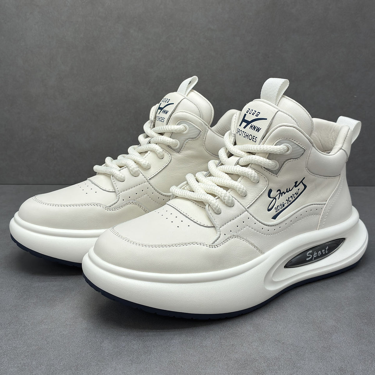 Men's Top Layer Cowhide Light Luxury White Thick Sole Height Men's Shoes