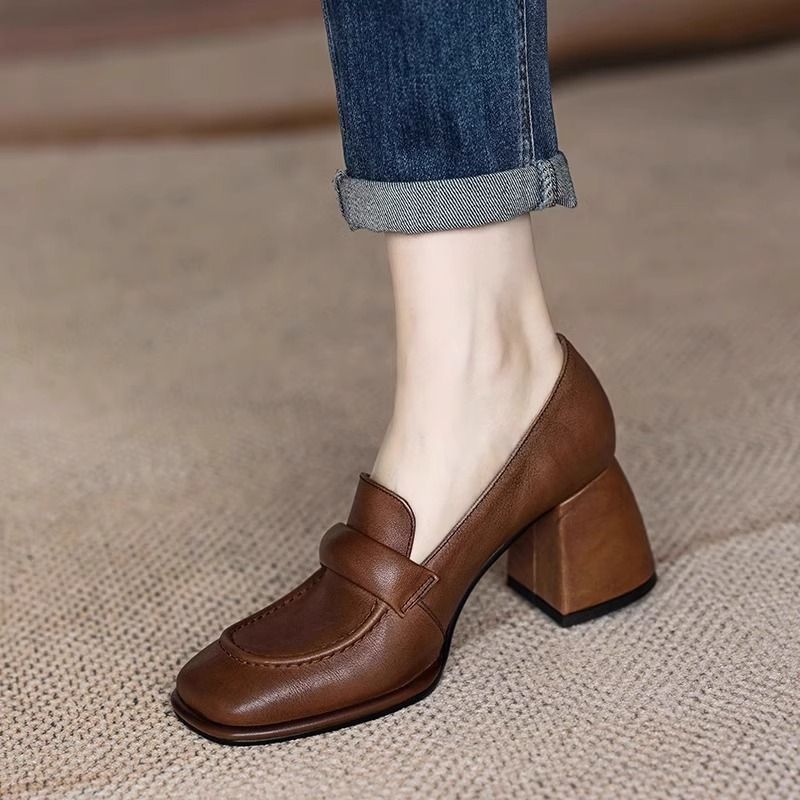Women's Brown High Genuine Soft Chunky Pumps Heels