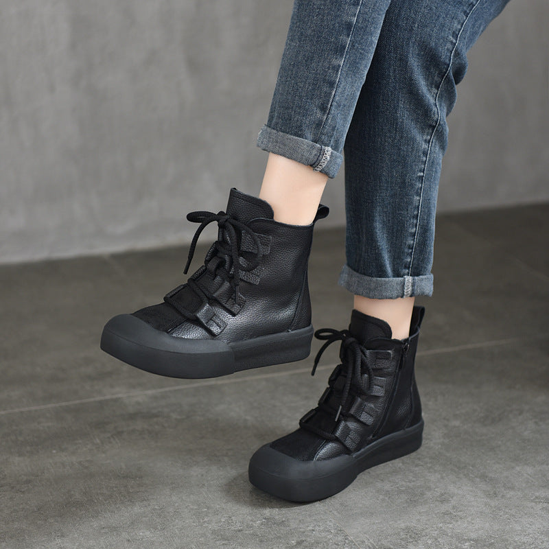 Women's Layer Cowhide Short Mid Martin Roman Boots
