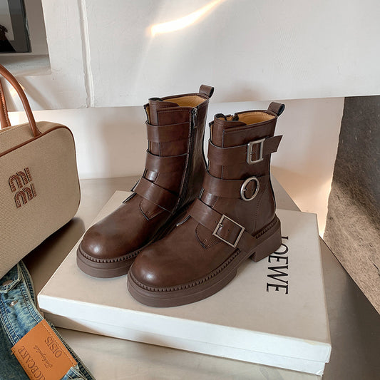 Women's Martin Belt Buckle Platform Motorcycle Knight Retro British Boots