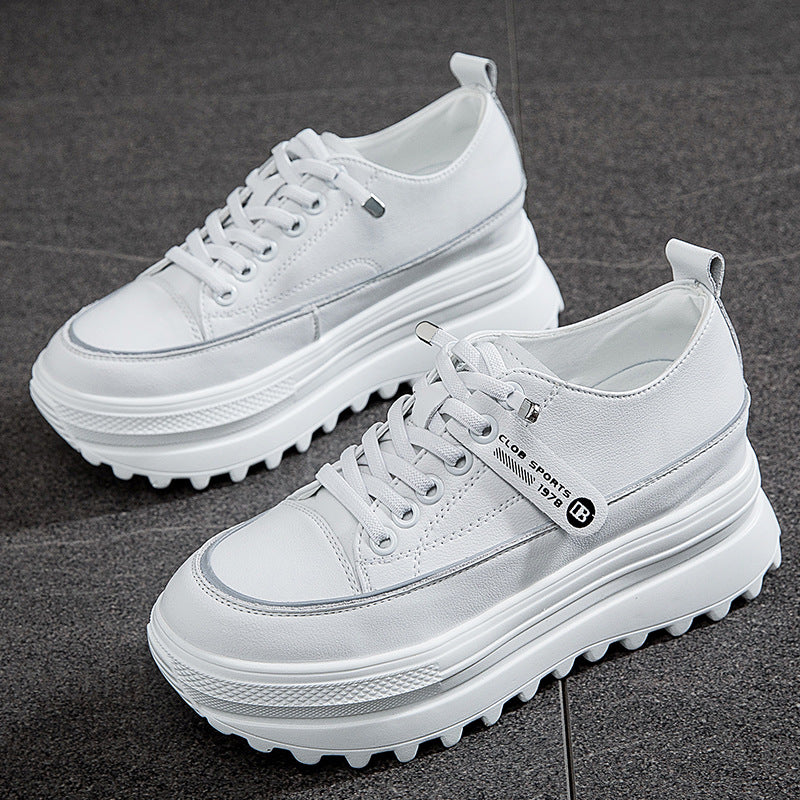Women's Cowhide Low-cut White Thick Bottom Increased Spring Lightweight Exercise Casual Shoes