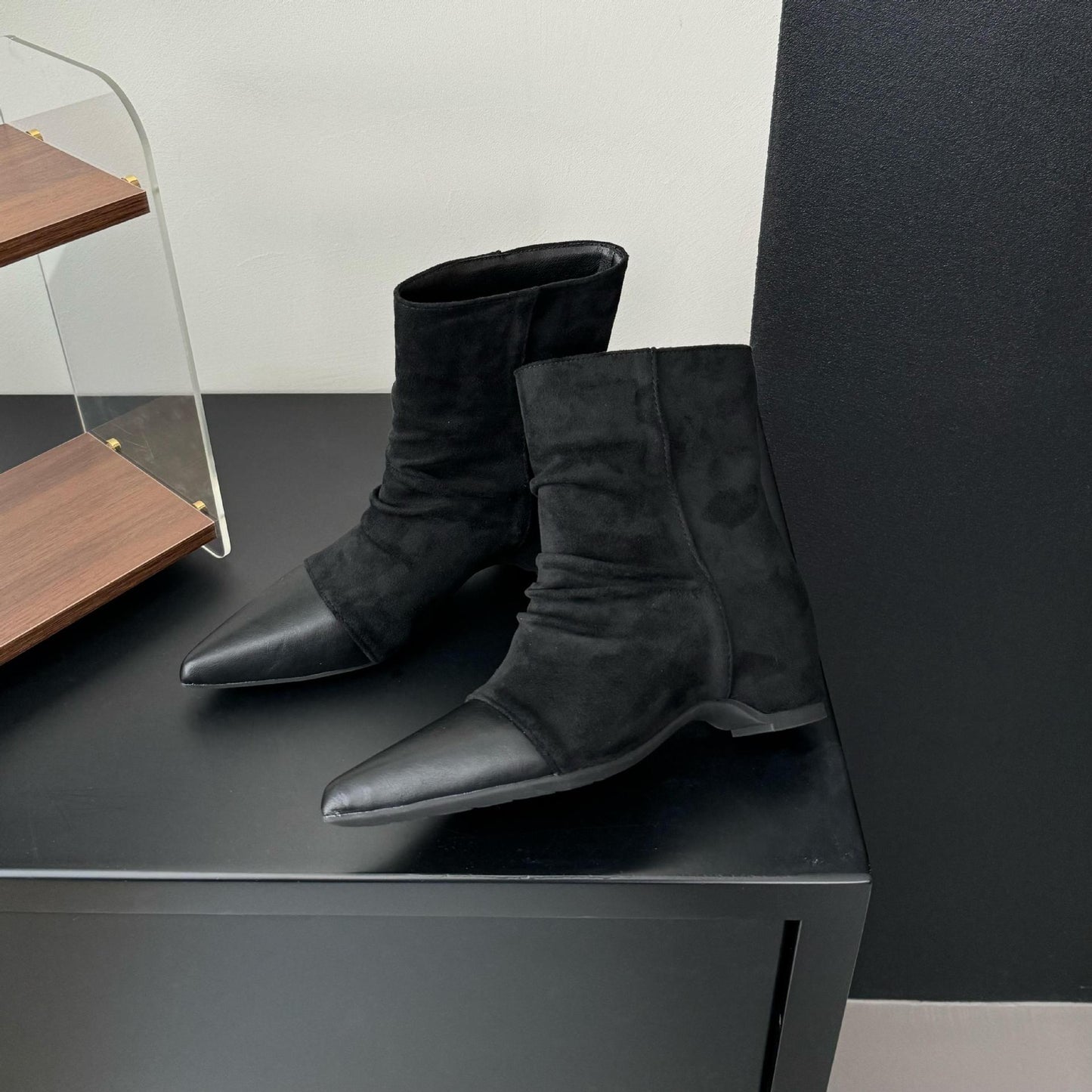 Height Increasing Insole Pile Style Booties Chelsea Pointed Women's Leather Boots