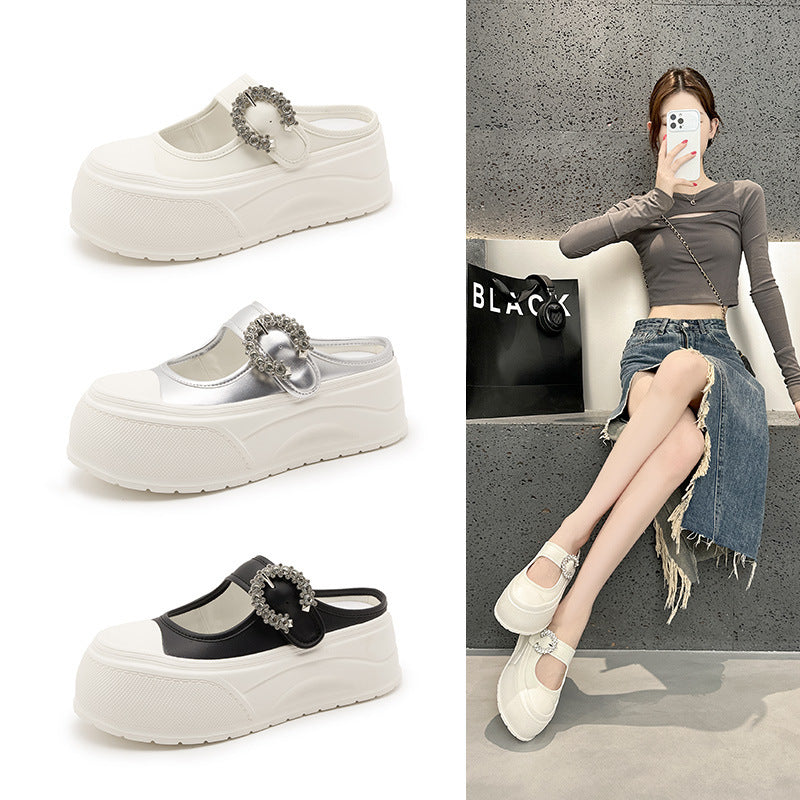 Women's Mary Jane Rhinestone Platform Muffin White Thick-soles Slippers