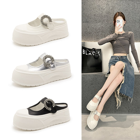 Women's Mary Jane Rhinestone Platform Muffin White Thick-soles Slippers