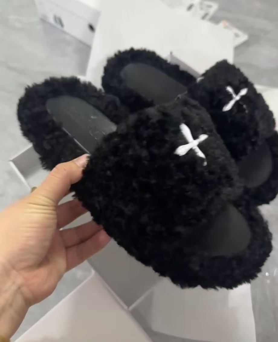 High Version Fur Thick Bottom Black Gray Balloon Thick-soles Slippers