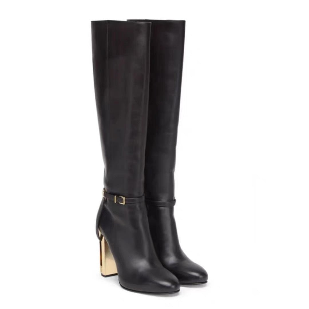 Women's Color Matching Belt Buckle Side Zipper High Women's Leather Boots