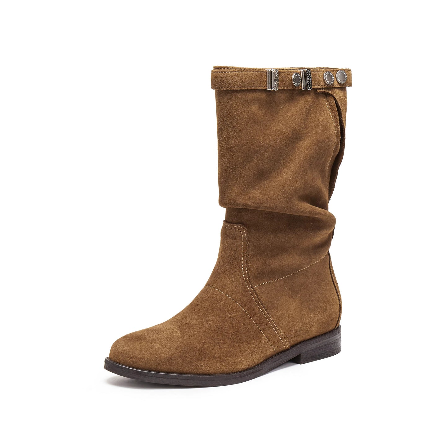 Women's Suede Western Cowboy Belt Buckle Pleated Pile Style Women's Leather Boots
