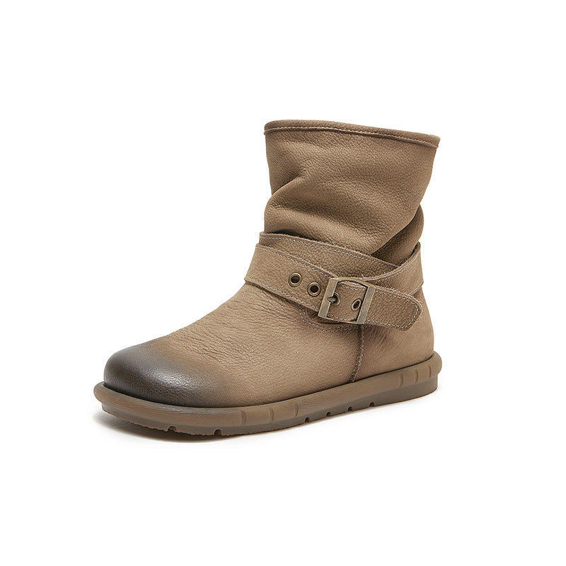 Women's Genuine Single Mori Style Retro Round Toe Comfortable Soft Bottom Women's Leather Boots