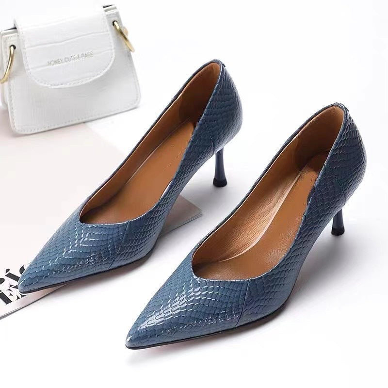 Women's High French Genuine Small Pumps Snakeskin Women's Shoes