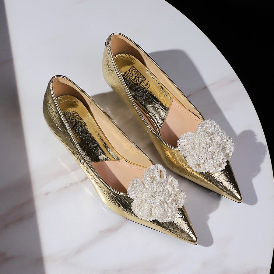 Women's Style Low-cut Pearl Flower Bow Tie Wedding Wedge Heels