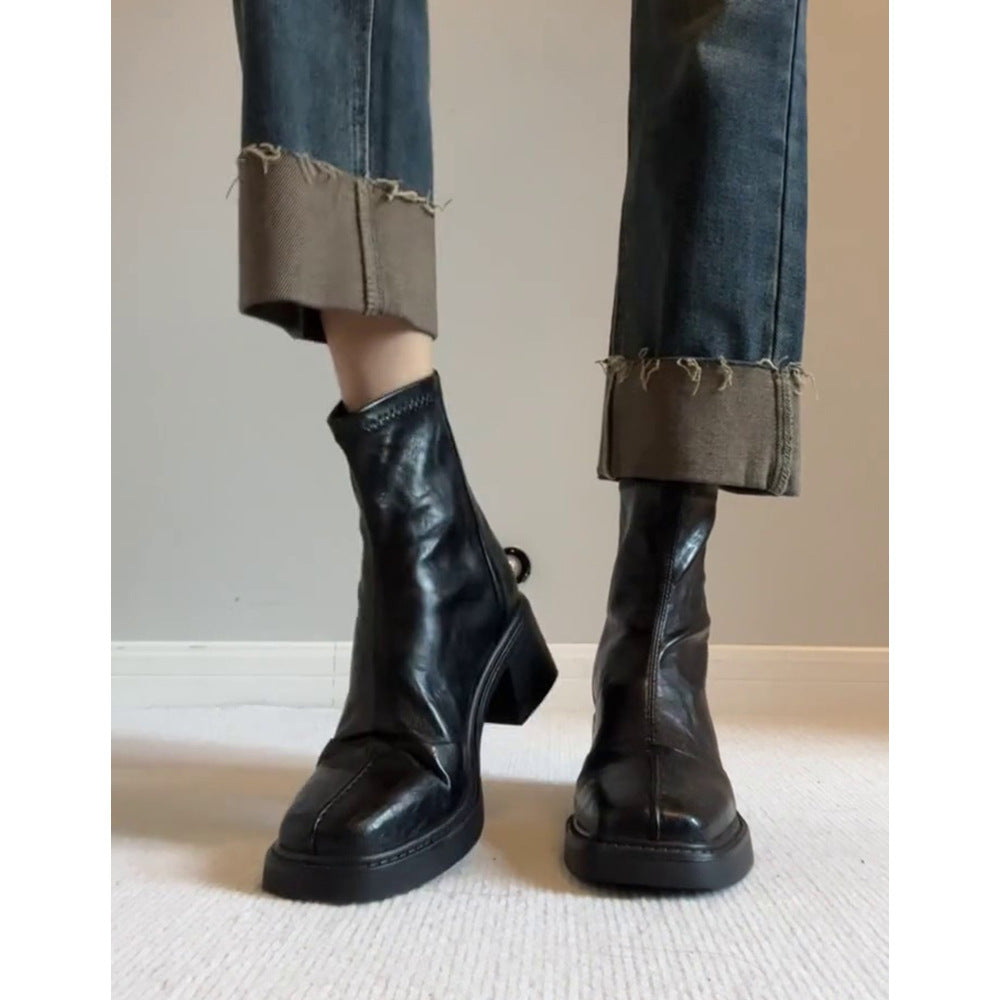Women's Chunky French Style Booties Single High Stretch Thin Women's Leather Boots