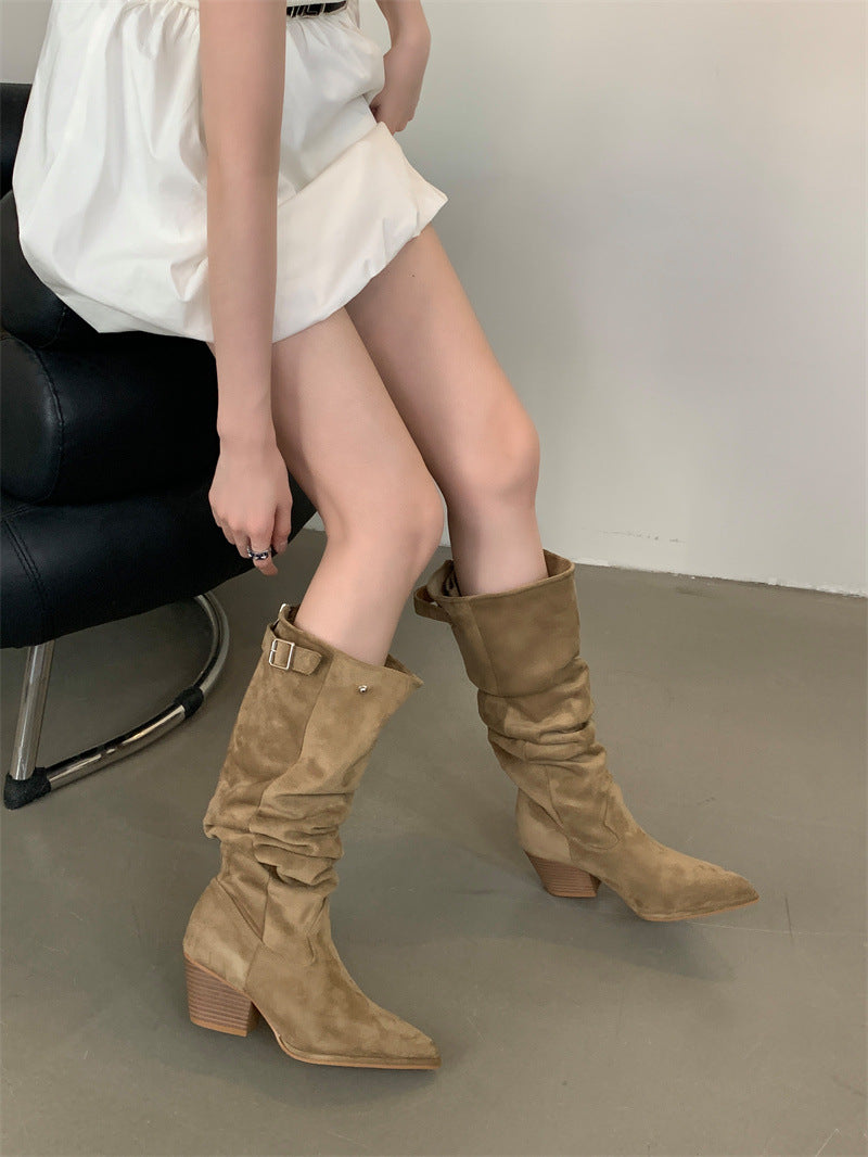 High Handsome Long Female Pointed Toe Chunky Elastic Large Tube Boots