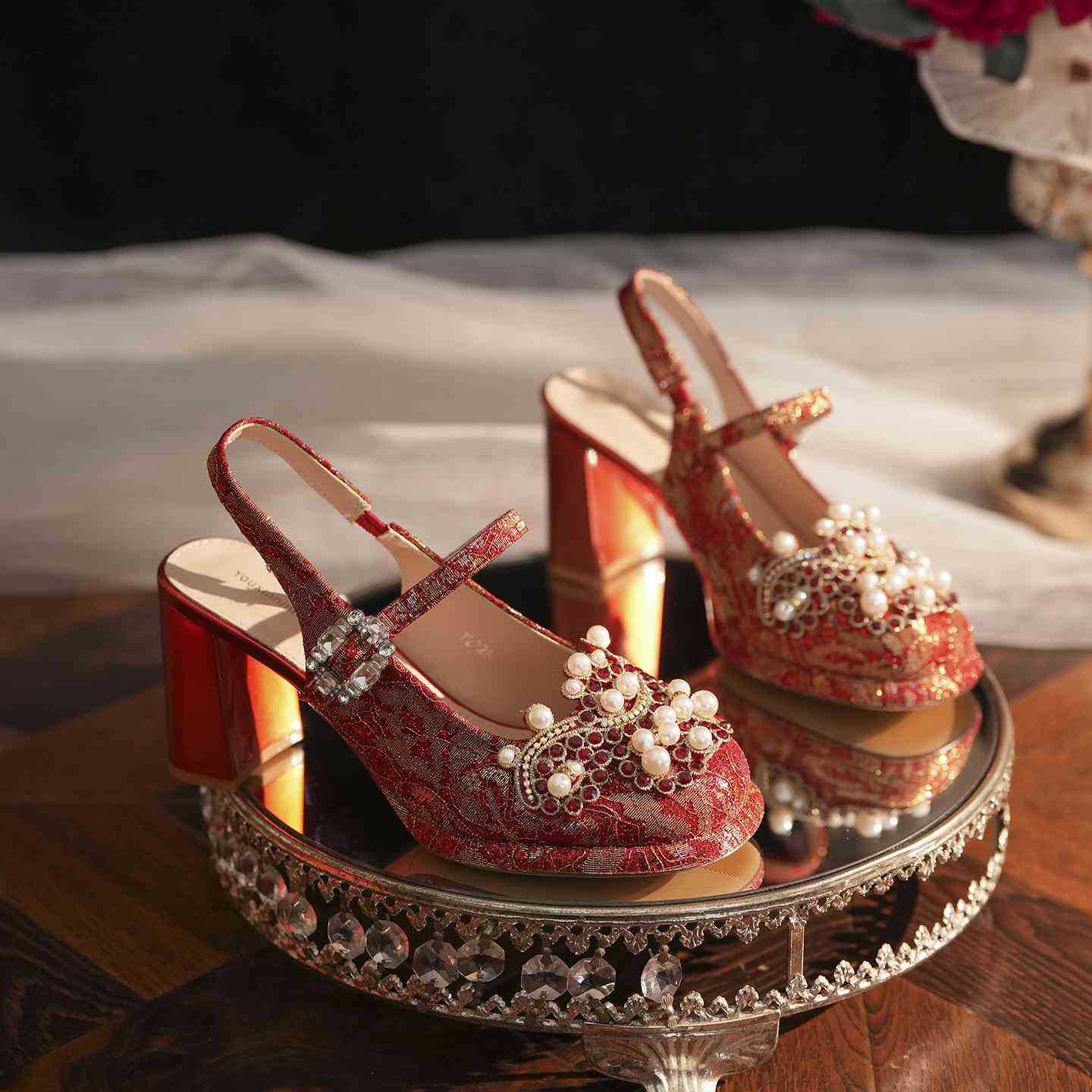 Wedding Pearl Rhinestone Chunky Square Toe Back Empty Light Luxury Heels
