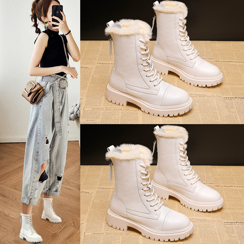 Women's Martin Real Fur Fleece-lined Thick-soled British Snow Boots