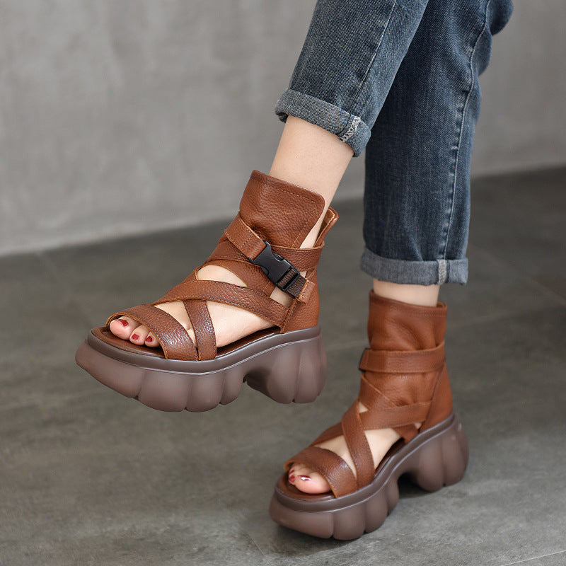 Price First Layer Cowhide Hollow Platform Genuine Sandals