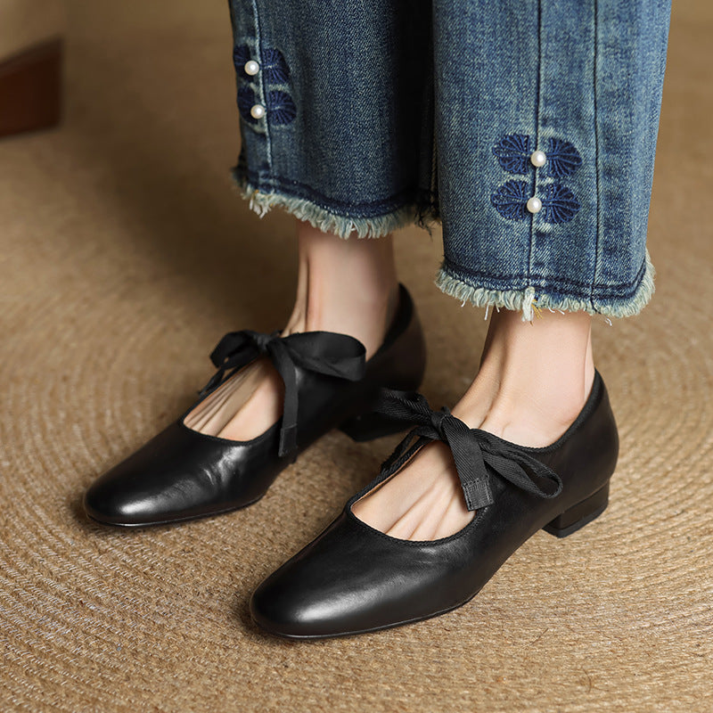 First Layer Cowhide Bow Retro Solid Color Women's Fashion Shoes