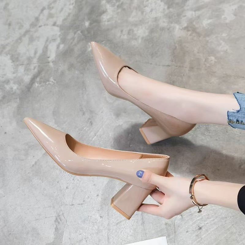 Women's Thick Nude Color Elegant Spring Patent Design Pointed Women's Fashion Shoes