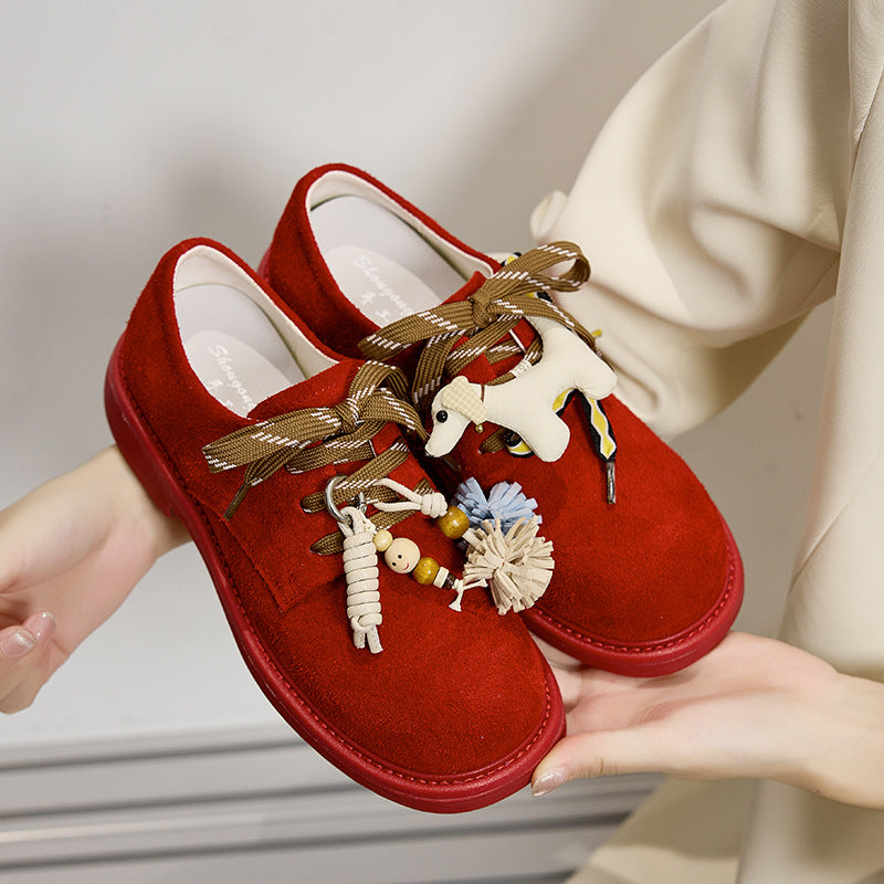 Women's First Layer Cowhide Platform Cartoon Pendant Small Pumps British Style Loafers